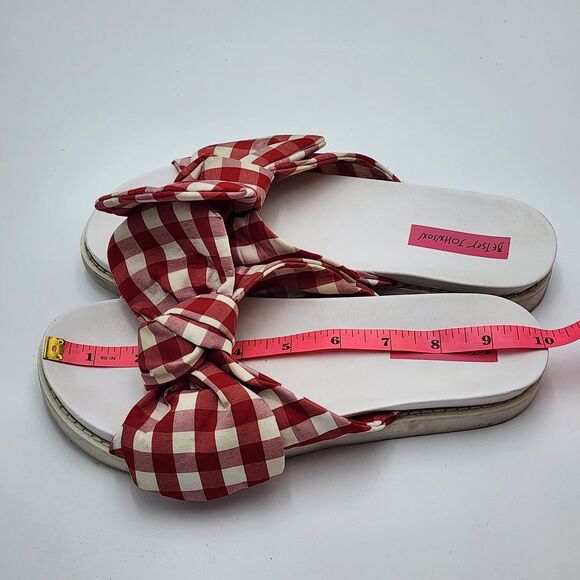 Betsey Johnson Picnic Red Gingham Bow Slide Sandals - Picture 8 of 11